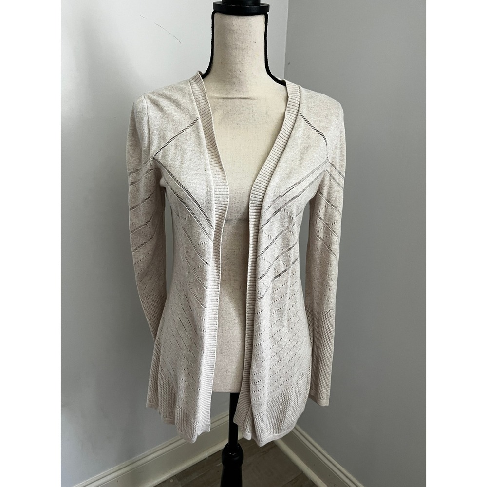 Oatmeal Beige Pointelle Cardigan Medium Chevron Preppy Minimalist Office Chic